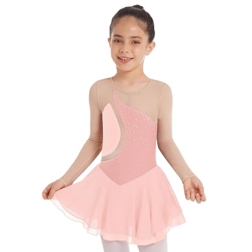 Zymjzbetic Eiskunstlaufkleid for Mädchen, langärmelig, Strass-Netzstoff, Tanzkleider, Gymnastiktrikots, Ballett-Tutu, Performance-Kostüm für Tänzerinnen(Pink,8) von Zymjzbetic