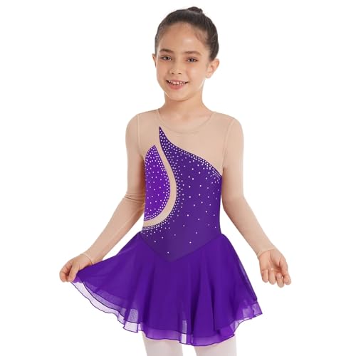 Zymjzbetic Eiskunstlaufkleid for Mädchen, langärmelig, Strass-Netzstoff, Tanzkleider, Gymnastiktrikots, Ballett-Tutu, Performance-Kostüm für Tänzerinnen(Purple,8) von Zymjzbetic