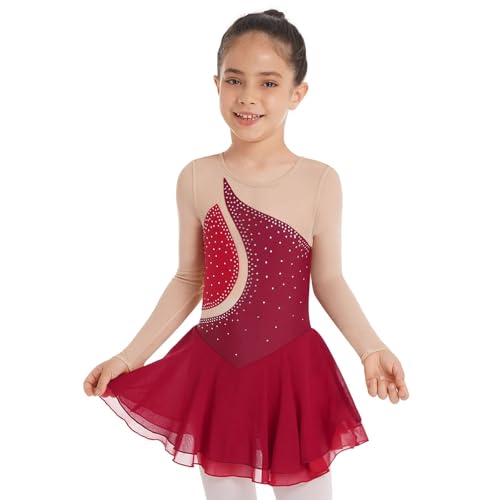 Zymjzbetic Eiskunstlaufkleid for Mädchen, langärmelig, Strass-Netzstoff, Tanzkleider, Gymnastiktrikots, Ballett-Tutu, Performance-Kostüm für Tänzerinnen(Red,16) von Zymjzbetic