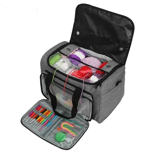 Zymjzbetic Stricktasche, Garntasche, Organizer mit Innenteiler for Wolle, Häkelnadeln, Stricknadeln, Nähset, DIY-Aufbewahrungstasche für Garne Stricknadeln Häkelnadeln(Gray) von Zymjzbetic