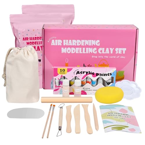 Ton Töpferset für Anfänger, ufttrocknender ton für Erwachsene – Bastelspaß Geschenke Bastelset für Zuhause DIY Creative Set with Lufttrocknender, Werkzeuge, Farben, Pinsel von Zyncove