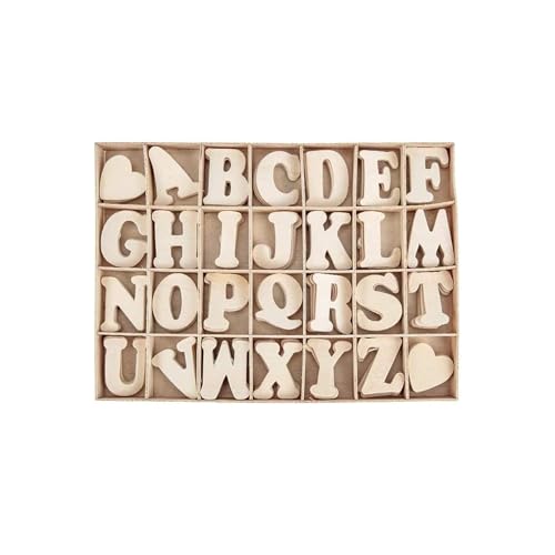 Zynewa 112 Stück Holzbuchstaben Set Lagerung in Tablett, Holzbuchstaben A-Z und Herz-Set mit Ablagetablett, Handwerk Holz Buchstaben, natürliches Holz Mit Ablagefach von Zynewa