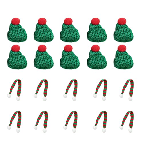 Zynewa 20 Stück Mini Weihnachtsmütze Und Schal Set, Mini-Strickmütze Des Weihnachten, Mini Weinflaschen Schal, Für Weinflasche, Besteckhüllen, Puppenhaus Deko (green) von Zynewa