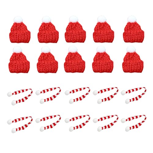Zynewa 20 Stück Mini Weihnachtsmütze Und Schal Set, Mini-Strickmütze Des Weihnachten, Mini Weinflaschen Schal, Für Weinflasche, Besteckhüllen, Puppenhaus Deko (red) von Zynewa