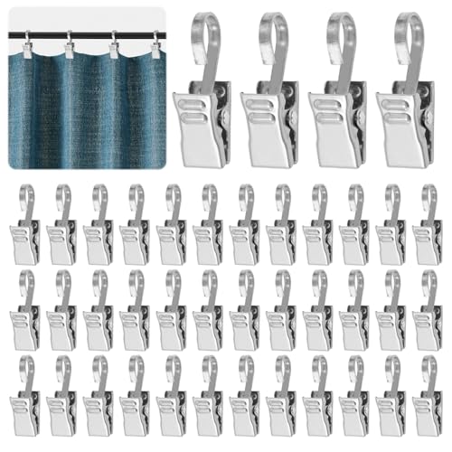 40 Stück Edelstahl Metall Vorhang Clips mit Haken, Silber Edelstahl Vorhangclips, Gardinen Klammern 10x19 mm, Silber Metall Klemmhaken, Metall Vorhang Klammern für Vorhänge, Fotos und Duschvorhang von Zyren