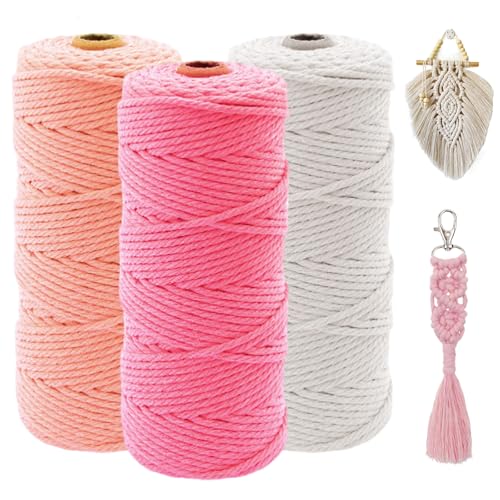 Makramee Garn 2mm x 100m, 3 Stück Makramee-Garn, Farbige Baumwollgarn Baumwollkordel, Natur Baumwoll Bastelschnur, makramee Garn Set für DIY Basteln, Stricken, Boho Wandbehang Deko, Traumfänger von Zyren