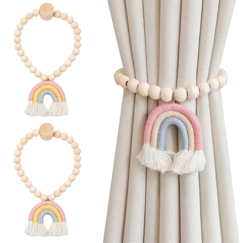 Vorhang Raffhalter Regenbogen 2 Stück, Magnetic Curtain Tiebacks Tassels, Vorhang Raffhalter Kinderzimmer, Magnetische vorhang Raffhalter Baumwollseile, Gardinenraffer aus Holz für Haus, Büro, Home von Zyren
