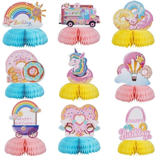 Zythrem 9 Stück Bunte Happy Birthday Tischdeko Donut Geburtstag Honigwabe Ornament Bienenwaben Tischdeko Bienenwabe Mittelstücke Geburtstag für Jungen Mädchen Bienenwaben Deko Papier Tischdekoration von Zythrem