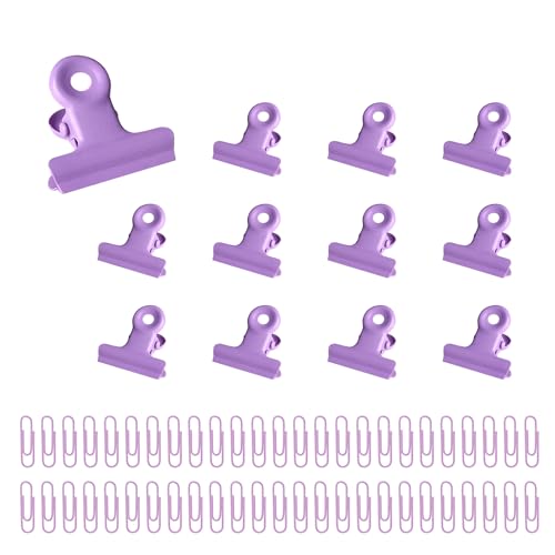 12 Stück Lila Metall Bulldog Binder Clips - Scharnier Klammern, Kleine Bulldogge Büroklammern Mit 50 Büroklammern - Metall Briefklemmer für Fotos, Papier, Büros, Küche, Hause von Zzcy