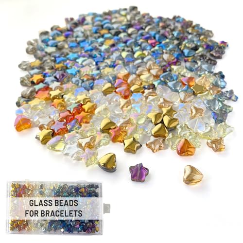 Zzcy 300 Stück Gemischt Glasperlen 8mm Galvanisieren Stern Schmetterling Herz Glasperlen für Armbänder, Farbe Glas Perlen Bunte Bastelperlen für Schmuckherstellung mit Schmuckfaden (5m) von Zzcy