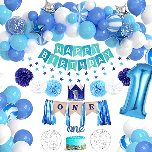 Geburtstagsdeko Blau Jungen 1 Jahr,Happy Birthday Banner Luftballons Blau,Luftballons Konfetti Ballons Blau Weiß,erst Geburtstag Deko Jungen,Folienballon Zahl 1,Junge Deko 1 Geburtstag von Jiahuade