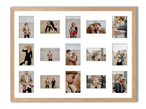 aFFa frames Bilderrahmen 60x80 cm - Holz Fotorahmen Tisar mit Acrylglas und HDF Rückwand - 15 Foto-Ausschnitten für 9 Fotos 10x15 cm und 6 Fotos 9x13 cm Eiche von aFFa frames