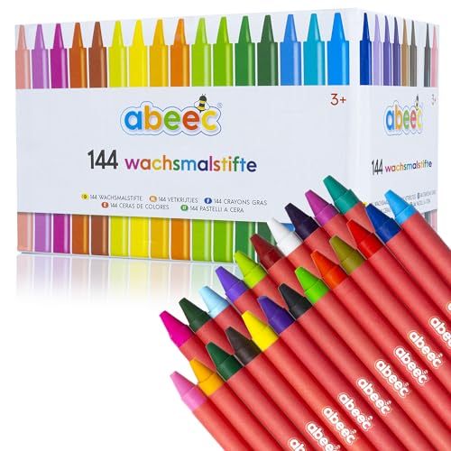 Abeec 144 Wachsmalstifte-Set für Kinder | 24 lebendige Farben | Ideal für Schule, Kunst & Basteln | Abwaschbare Malstifte, sicher für Kinder ab 3 Jahren von abeec