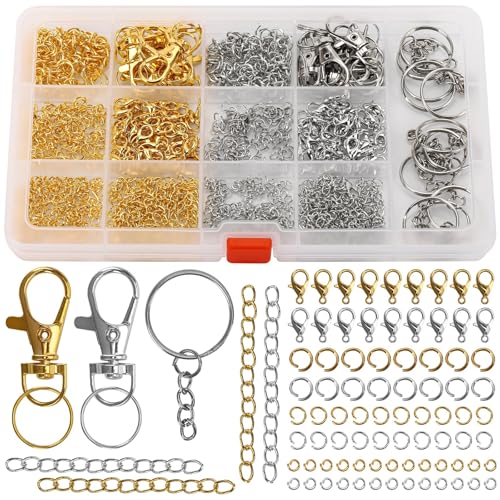 968-teiliges Schlüsselanhänger-Set mit 800 Biegeringe (3 Größen) und 100 Karabinerverschlüssen, 40 Schlüsselanhänger-Ketten, 16 Karabinerverschlüssen, 12 silberfarbenen Schlüsselringen (Gold und von acDesign