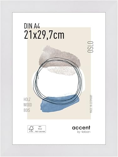 accent by nielsen Bilderrahmen, 21 x 29,7 cm (A4), Holz, Weiß, Dokumentenrahmen zum Aufhängen im Hoch- & Querformat, Echtglas, Oslo von accent by nielsen