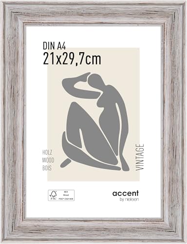 accent by nielsen Bilderrahmen, 21 x 29,7 cm (A4), Holz, Weiß, Dokumentenrahmen zum Aufhängen im Hoch- & Querformat, Echtglas, Vintage von accent by nielsen