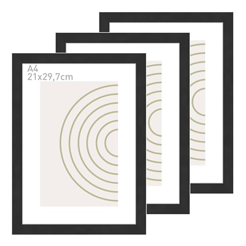 accent by nielsen Bilderrahmen, 21 x 29,7 cm (A4) (3er Set), Holz (MDF), Schwarz, inkl. Kunstdruck, Dokumentenrahmen im Hoch- & Querformat, Echtglas, Velino von accent by nielsen