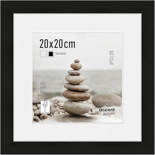accent by nielsen Bilderrahmen mit Passepartout, 20 x 20 cm, Holz, Schwarz, Fotorahmen zum Auftstellen und Aufhängen im Hoch- & Querformat, Echtglas, Apollon von accent by nielsen