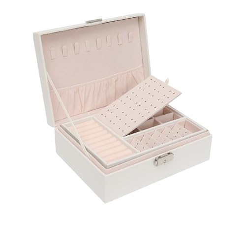 acfeco Schmuckkästchen, Schmuckschatulle mit Schloss 2 Ebenen Schmuckaufbewahrung, Schmuckkasten aus PU-Leder für Ringe Ohrringe Halsketten Armbänder Geschenkbox Damen (Weiß) von acfeco