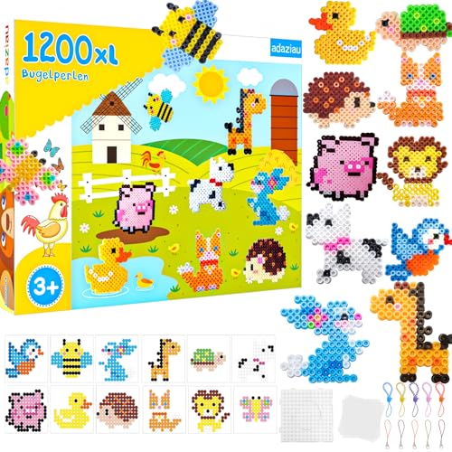 Bügelperlen Groß Set,1200 XXL Bügelperlen für Kinder,10mm Steckperlen Platten,12 Muster und Bügelpapier,Glitzer Bastelperlen Set Perlenset Geschenk für Jungen Mädchen Geburtstag Weihnachten von adaziau