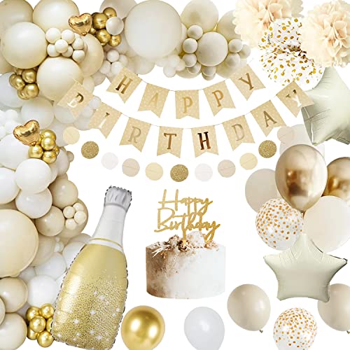 Geburtstagsdeko, Deko Geburtstag Mädchen Junge, Kindergeburtstag Deko, Happy Birthday Deko mit Banner Ballon Girlande Pompons Beige Gold für Frauen Mann Geburtstag Party Deko Geburtstagsdeko, Deko Geburtstag Mädchen Junge, Kindergeburtstag Deko, Happy Birthday Deko mit Banner Ballon Girlande Pompons Beige Gold für Frauen Mann Geburtstag Party Deko von adaziau