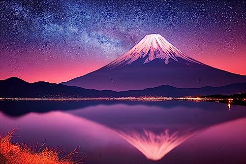 AluVerbund-Bild 110 x 70 cm: Mount Fuji mit Fantasy-Milchstraße. Berg- und ruhige Wasserreflexionsphantasie-Naturlandschaft. Japanischer berühmter Felsen (193177194) von adrium