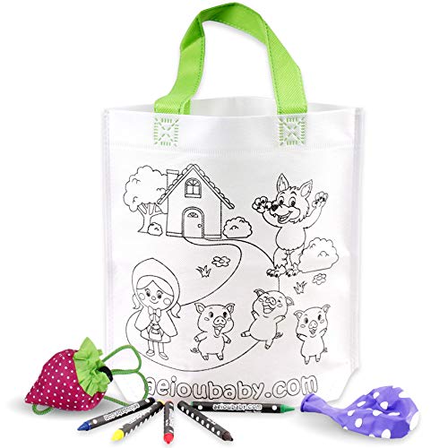 aeioubaby.com 25 Tasche zum Ausmalen + Wiederverwendbare Tasche | 25 einzelne Taschen mit 5 bunten Wachsmalstiften und Luftballon | Geschenk Kinder auf Festen und Geburtstagen (Märchen) von aeioubaby.com