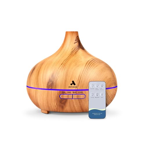 Aerosoul®Cone Aroma Diffuser für Ätherische Öle, Luftbefeuchter 500ml, Duftöl Diffuser, Auto-Off, 1,3,6,10h Nebel, 15 LED Farben, Aromatherapie Diffuser, Fernbedienung, Kunststoff Holz-Optik von aerosoul