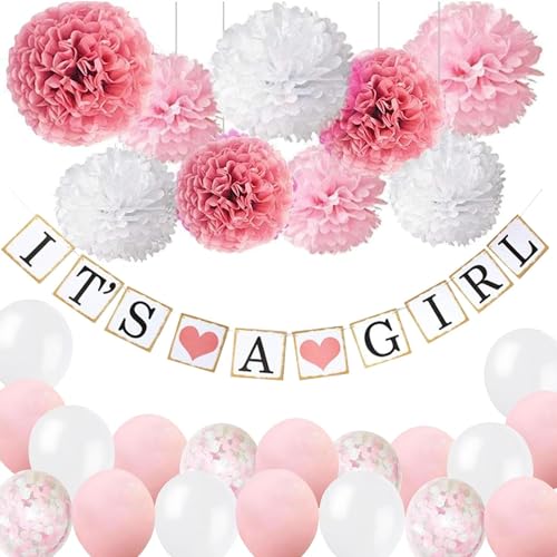 Baby-Dusche-Dekoration für Mädchen, rosa weiß Baby-Mädchen-Dusche mit It's A Girl Banner Konfetti Latex-Luftballons Papier Pom Poms, für Baby-Dusche-Zubehör (rosa weiß) von af-tigonhw