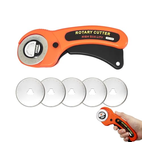 Rollschneider Stoff Mit 5 Ersatzklingen,Stoffschneider Rollschneider, Stoffschneider Mit Ergonomischem Griff Und Sicherheitsverschluss Rollschneider 45mm Für Stoff, Leder, Basteln (Orange Farbe) von afhgdjr
