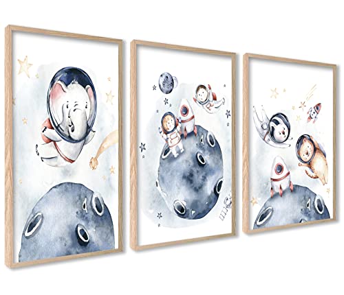 ag.art deco 3er Kinderzimmer Poster | 3 Stück 40x50cm | Wanddeko Elefant und Hase elefant und hase im Weltraum | Mädchen und Junge Bilderset | ohne Rahmen von ag.art deco