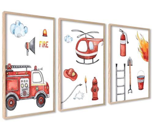 ag.art deco 3er Kinderzimmer Poster Set | 3 Stück 40x50cm | Feuerwehr Feuerwehrauto Feuer Feuerwehrmann | Mädchen und Junge Bilderset | ohne Rahmen von ag.art deco