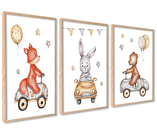 ag.art deco 3er Set Poster Kinderzimmer | 3 Stück 40x50cm Mit RAHMEN HOLZ | Fuchs Bär Hase Babyzimmer Mädchen und Junge Bilderset Poster Wald Tiere von ag.art deco