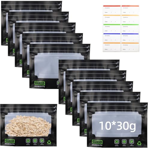 10x 30g Grove Bags mit Labels, Luftdichte und Wiederverwendbare Aufbewahrungsbeutel mit Geruchskontrolle + UV-Schutz, Relativer Luftfeuchtigkeit zwischen 58 und 62%, optimaler Schutz für Kräuter von agctrler