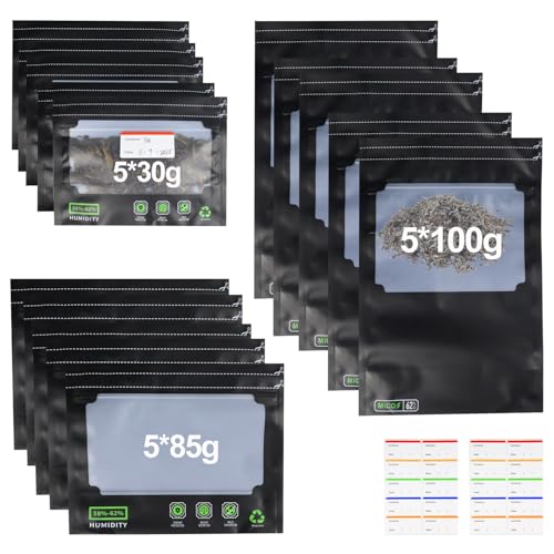 15 für 30g/85g/100g Grove Bags mit Labels, Luftdichte und Wiederverwendbare Aufbewahrungsbeutel mit Geruchskontrolle + UV-Schutz, Feuchtigkeitskontrolle (58-62%), für Snacks,Kräuter,Tee (15) von agctrler