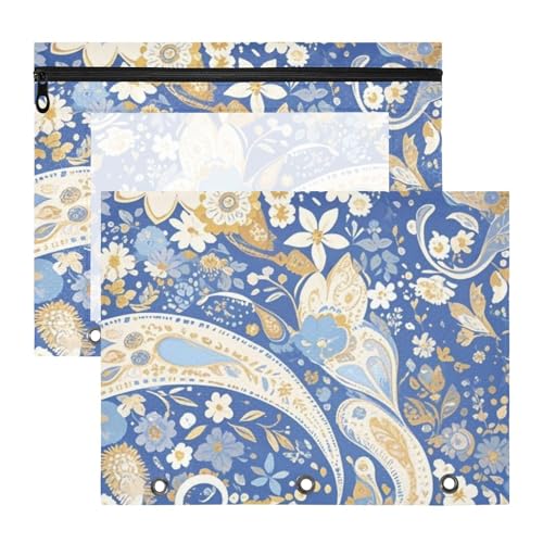 Binder-Federmäppchen, 3 Löcher, 3 Ringe, Tasche für A4-Papier, Briefe, 2 Stück, Lehrer, Schulbedarf, Boho, Blau und Weiß, Vintage-Blumen, Vintage, Paisleymuster, Cashews Binder-Federmäppchen, 3 Löcher, 3 Ringe, Tasche für A4-Papier, Briefe, 2 Stück, Lehrer, Schulbedarf, Boho, Blau und Weiß, Vintage-Blumen, Vintage, Paisleymuster, Cashews von aidingzhi