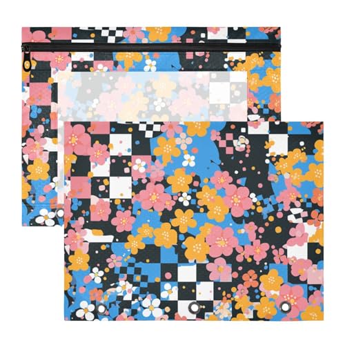 Binder-Federmäppchen, stabiler Kunststoff, Aktenordner für 3 Ringe, 2 Stück, Studenten, Schulanfang, bunte Blumen, schwarzes Karomuster Binder-Federmäppchen, stabiler Kunststoff, Aktenordner für 3 Ringe, 2 Stück, Studenten, Schulanfang, bunte Blumen, schwarzes Karomuster von aidingzhi