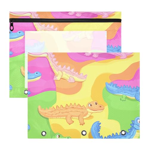 Binder-Federmäppchen mit 3 Löchern, Kunststoff-Aktenordner für A4-Papier, Briefe, 2 Stück, Lehrer, Klassenzimmer, lebendige bunte Dinos von aidingzhi
