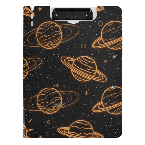 Faltbare Klemmbretter Space Planet Orange Schwarz A4 Klemmbrett mit Padfolio Zwei Metallclips Stifthalter Still-Klemmbrett mit festem Einband von aidingzhi