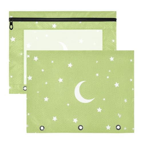 Federmäppchen, 3 Löcher, 3 Ringe, Tasche für A4-Papier, Briefe, 2 Stück, Lehrer, College, Kinderstern und Mond, Grün Federmäppchen, 3 Löcher, 3 Ringe, Tasche für A4-Papier, Briefe, 2 Stück, Lehrer, College, Kinderstern und Mond, Grün von aidingzhi