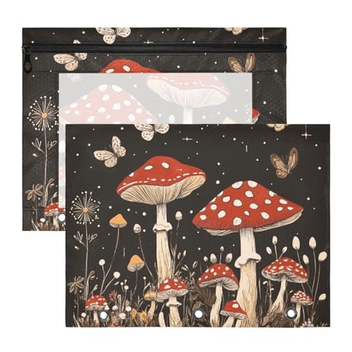 Federmäppchen mit 3 verstärkten Ösen, Kunststoff-Aktenordner für A4-Papier, Briefe, 2 Stück, Lehrer, Schulanfang, rote Pilze, Puffball, Braun von aidingzhi
