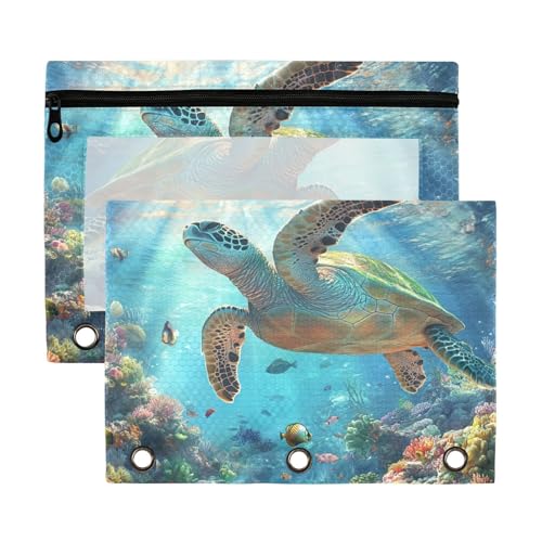 Federmäppchen mit Sichtfenster, Motiv: Meeresschildkröte, Realismus, Ozeanfisch, großes und stabiles 3-Loch-Ordner, Schule, Klasse, Büro, Organizer, mehrfarbig, 2 Stück Federmäppchen mit Sichtfenster, Motiv: Meeresschildkröte, Realismus, Ozeanfisch, großes und stabiles 3-Loch-Ordner, Schule, Klasse, Büro, Organizer, mehrfarbig, 2 Stück von aidingzhi