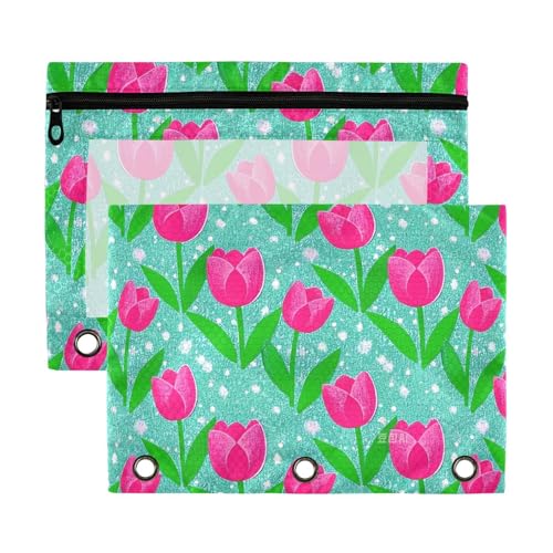 Federmäppchen mit künstlichen Glitzer-Cartoon-Blumen, blaue Blume, Ringordner mit transparenten Fenstern, Ringordner mit Taschen, groß und stabil, 3 Ringe, Federmäppchen für Bürobedarf, mehrfarbig, 2 von aidingzhi