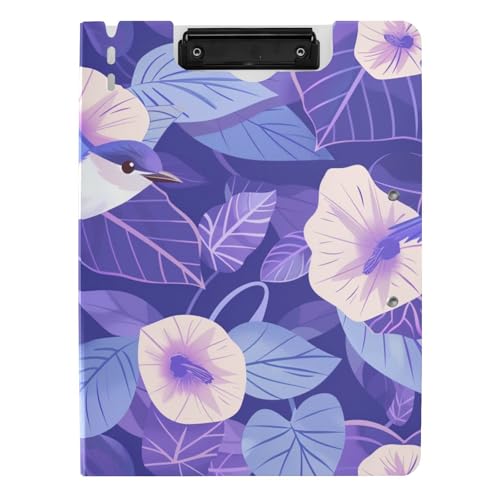 Klemmbrett Cartoon Lila Morning Glory Blumen Vögel A4 Klemmbrett Folio Binder Zwei Metallclips Stifthalter Still-Klemmbrett mit Abdeckung von aidingzhi