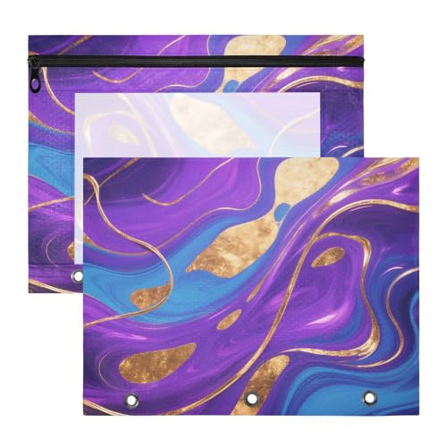 Kosmetiktasche, Mehrzweck-Locher mit 3 Löchern, für A4-Papier, Briefe, 2 Stück, Lehrer, Schulbedarf, Violett-Gold, unregelmäßig, abstrakt von aidingzhi