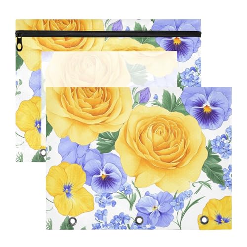 Kosmetiktasche, transparent, 3 Locher für 3 Ringe, Ordner, 2 Stück, Studenten, Klasse, Sommerblumen, Gelb, Lila von aidingzhi