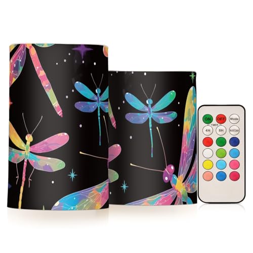 aidingzhi Bunte Libelle Dreamy Candles flammenlose Kerzen mit Fernbedienung, elektronische Lichter, feuerlose Fernbedienung für Kamin, batteriebetrieben, flackernd, 2-teiliges Set von aidingzhi