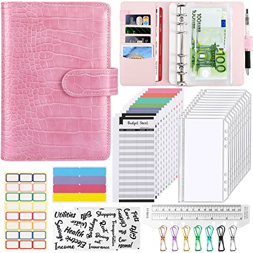 A6 Budget Binder Budget Planner, 37Pcs 6 Löcher Ringbuch Notizbuch mit Binderumschlägen, Budgetblätter, Etikettenaufklebern, Herrscher, Geld Aufbewahrung ​Sparbuch für Reisen und Tagebuch（Rosa） von aiface