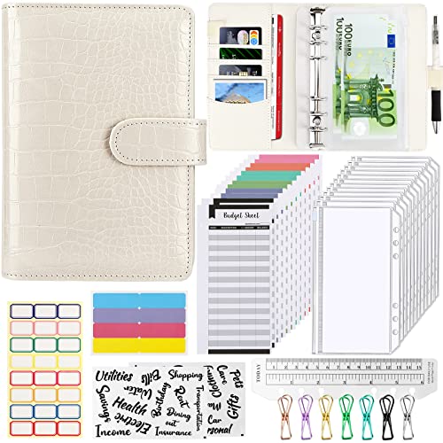 A6 Budget Binder Budget Planner, 37Pcs 6 Löcher Ringbuch Notizbuch mit Binderumschlägen, Budgetblätter, Etikettenaufklebern, Herrscher, Geld Aufbewahrung ​Sparbuch für Reisen und Tagebuch（Weiß） von aiface