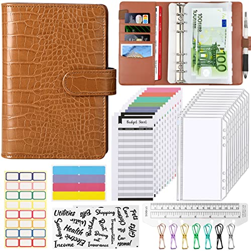 A6 Budget Binder Budget Planner, 37Pcs 6 Löcher Ringbuch Notizbuch mit Binderumschlägen, Budgetblätter, Etikettenaufklebern, Herrscher, Geld Aufbewahrung ​Sparbuch für Reisen und Tagebuch (Braun) von aiface